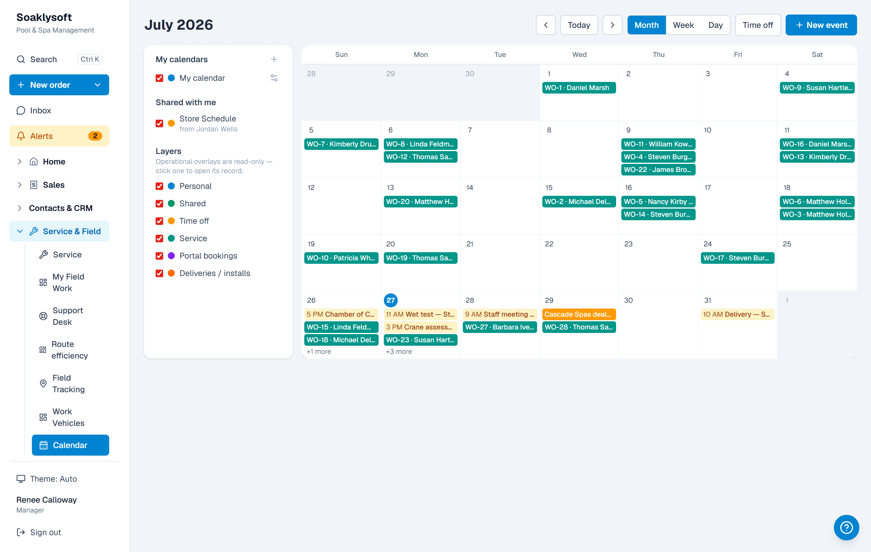 Shared store calendar with deliveries, wet tests, and events