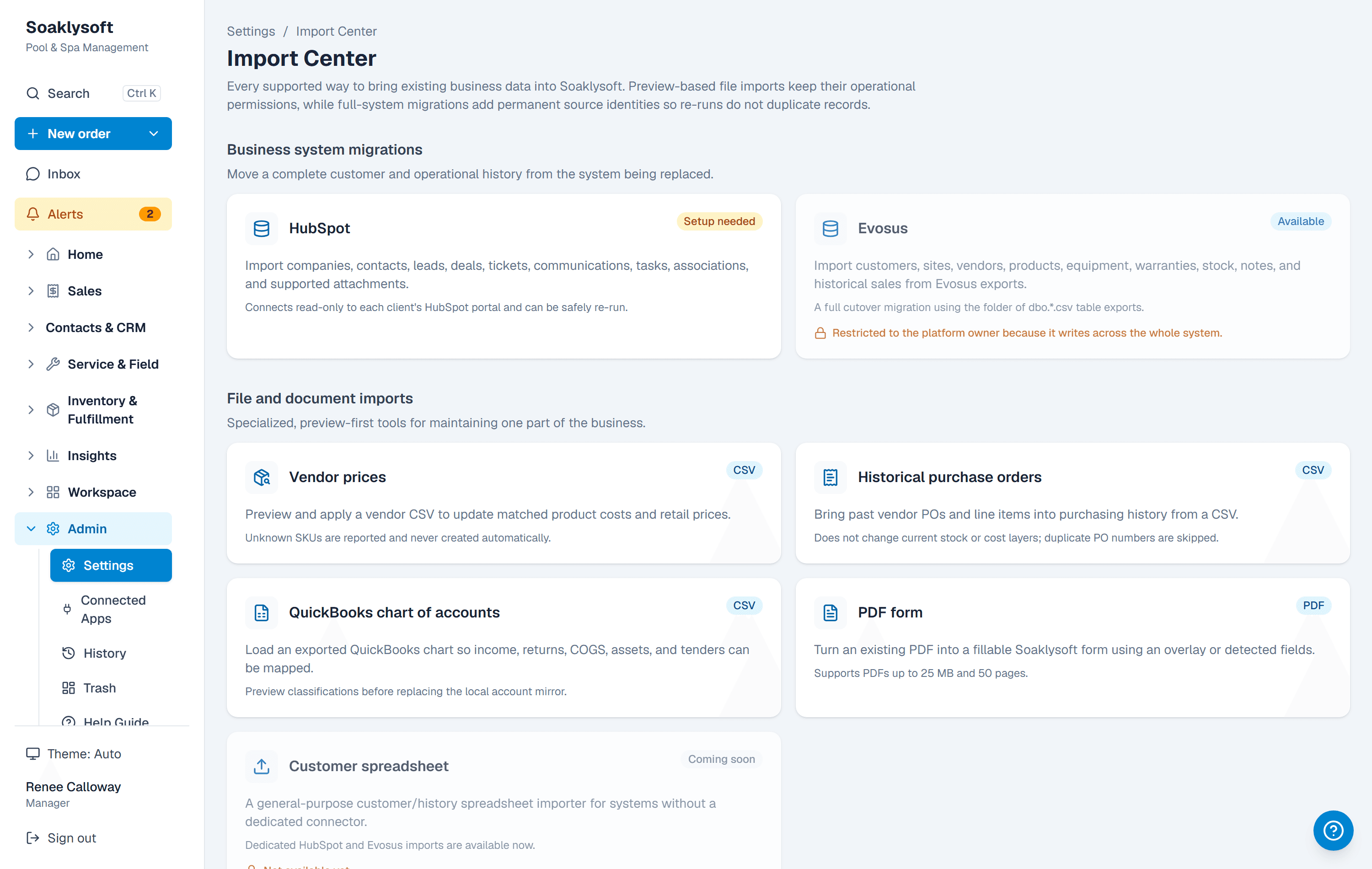 Import center showing an import with field mapping and review steps