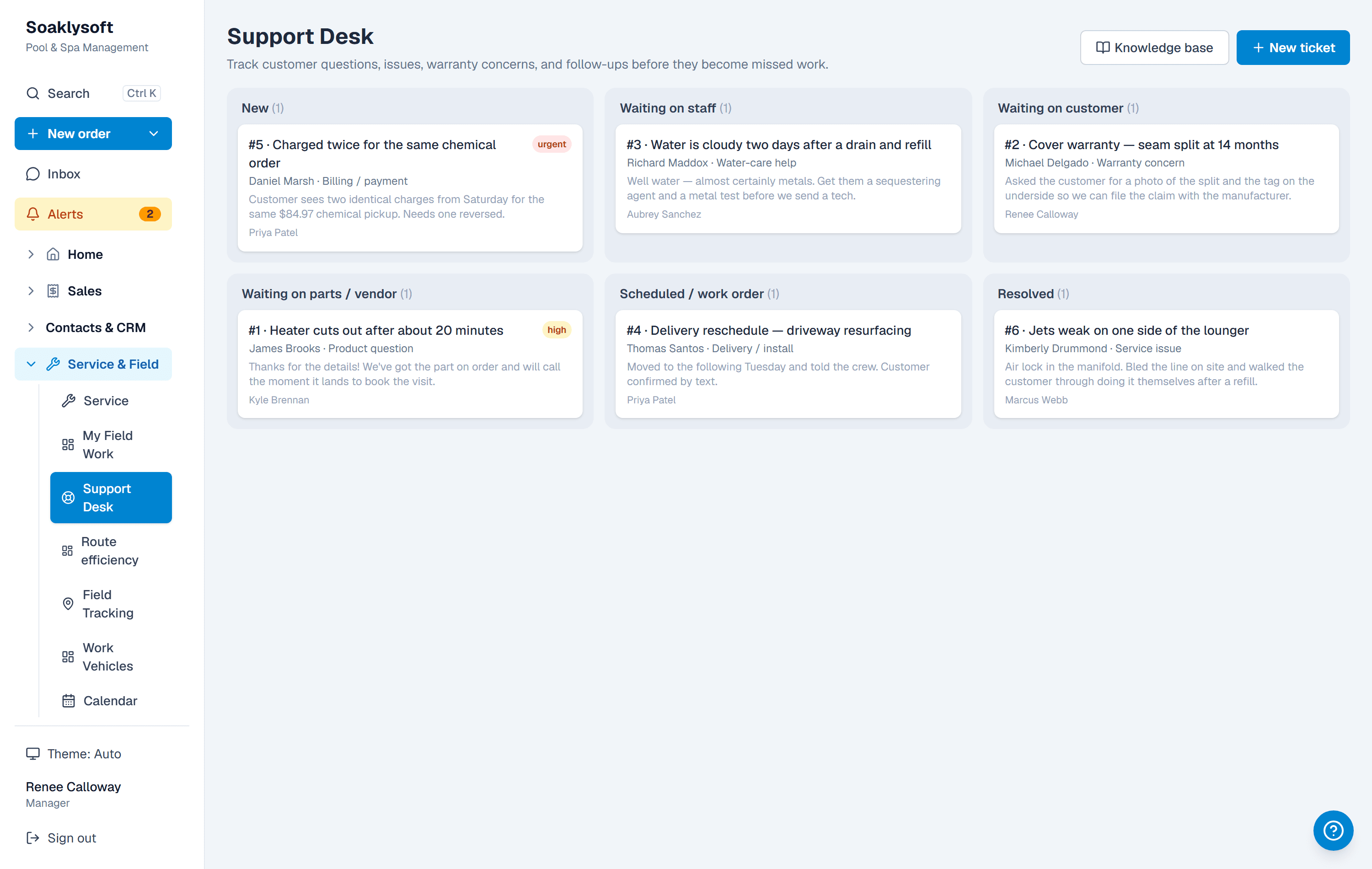 Support desk board with tickets by status
