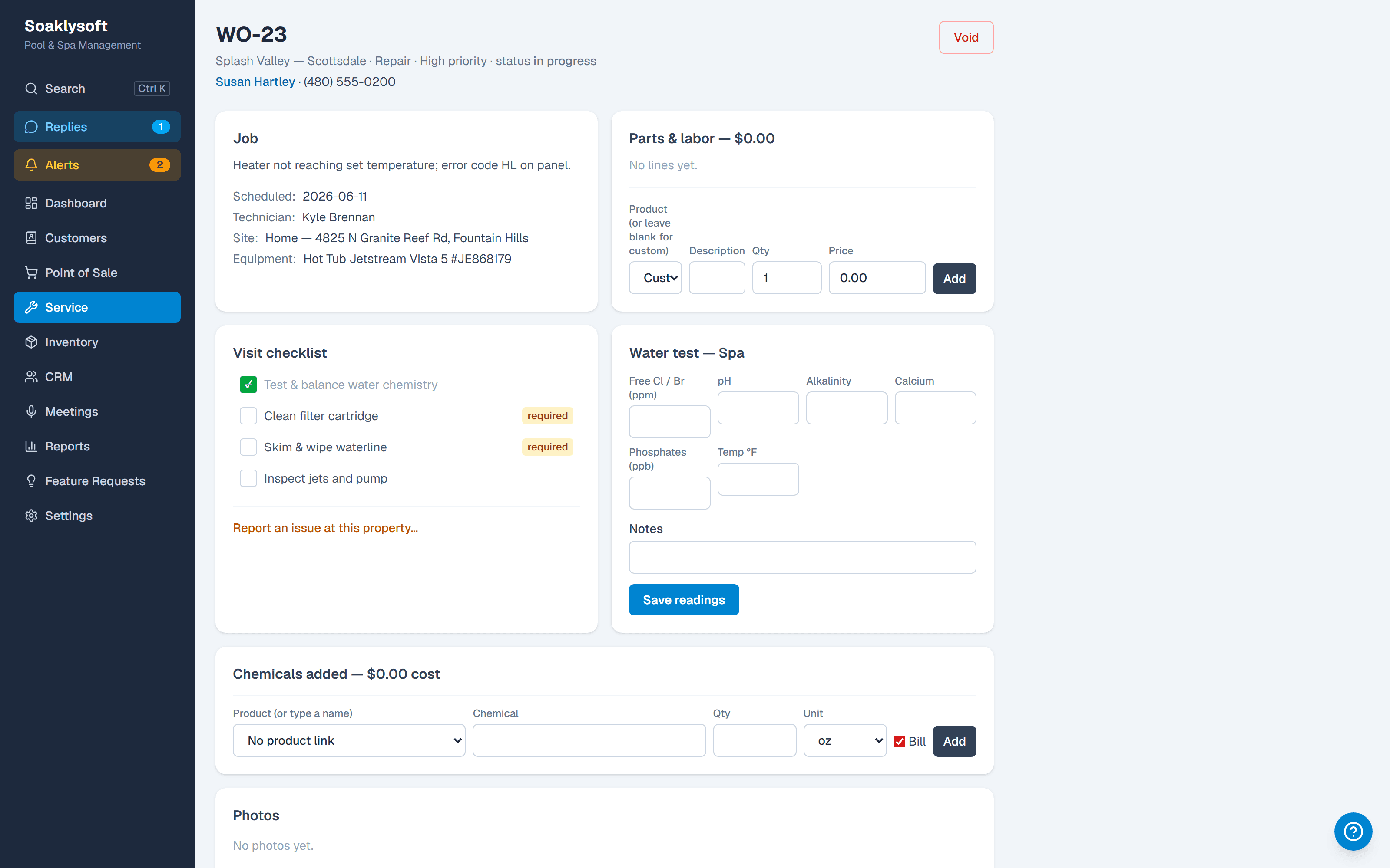 Work order detail with checklist, water test, and billing lines